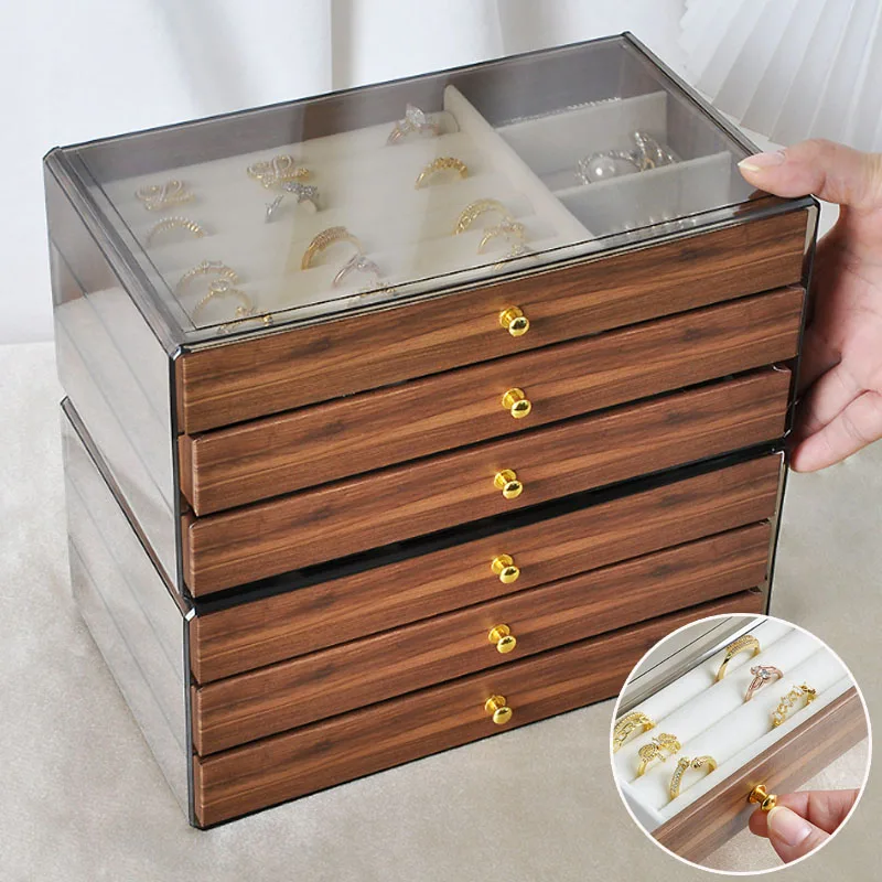

Three-layer Wooden Jewelry Storage Box Transparent Window Rings Bracelet Earrings Necklace Display Case Large Capacity Organizer