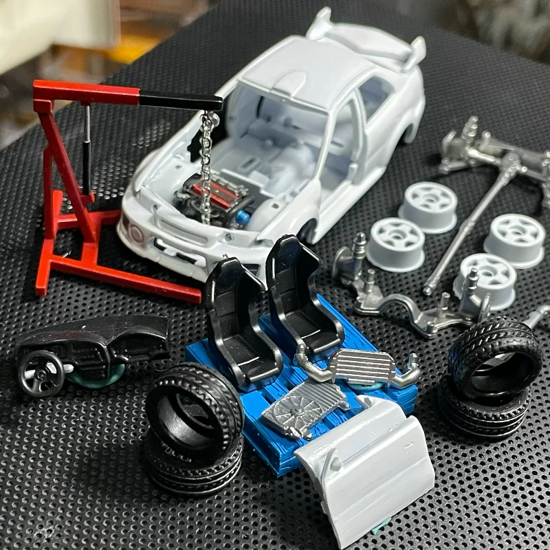 1:64 Scale Painted Resin Car Frame Garage Vehicle Drive Shaft Engine tire Assembly Figure DIY Scene Accessory Display Collection