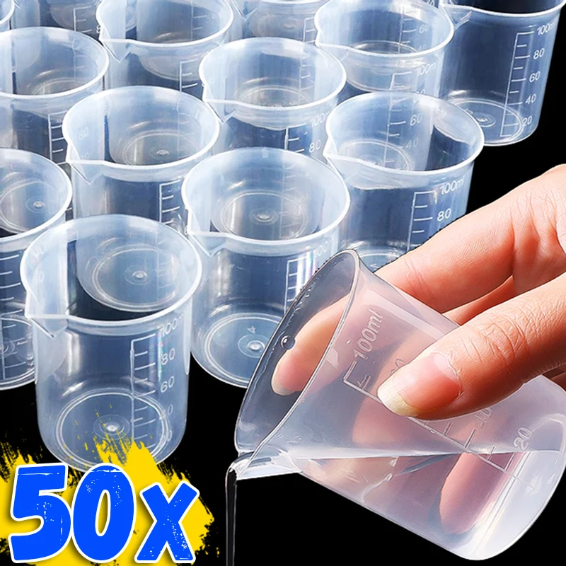 

1/50pcs 100ML Plastic Measuring Scale Cup Lab Transparent Graduated Liquid Measuring Container Small Beakers Without Handle