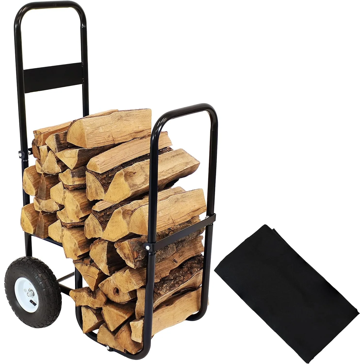 Outdoor Firewood Log Cart with Pneumatic Tires and Heavy-Duty Polyester/PVC Cover