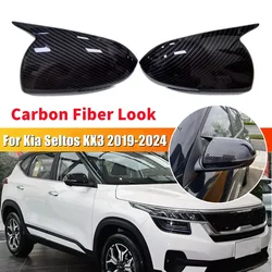 For Kia Seltos KX3 2019-2024 Car Sticker Rearview Side Mirror Cover Wing Cap Exterior Door Rear View Case Trim Carbon Fiber Look