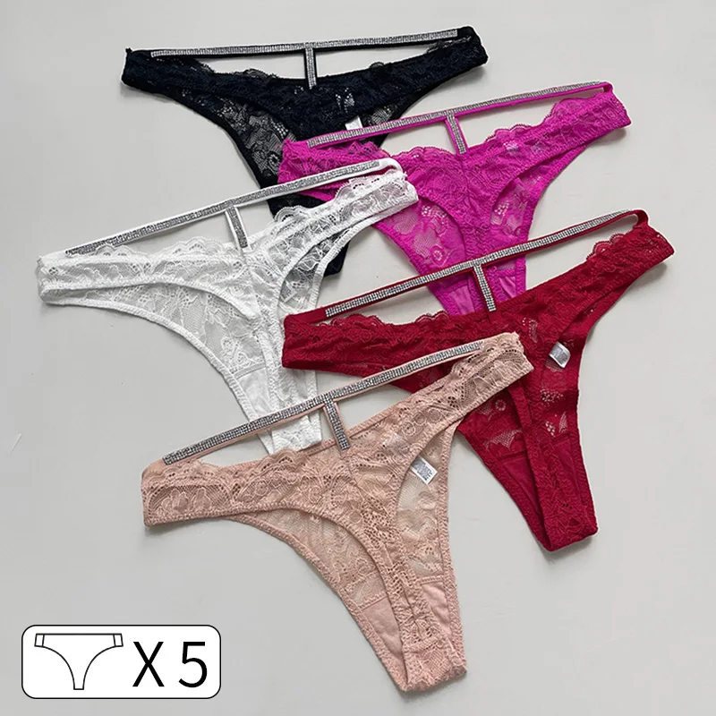 5Pcs Crystal Rhinestones Sexy Girls Panties Women Thongs Diamonds G String Sports Low Waist Shorts Briefs T-back Female Lingerie