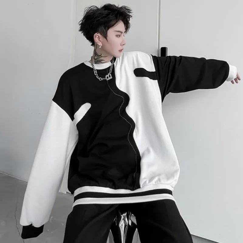 Korean Version Dark Black Series Personalized Black-And-White Splicing Men's Pullover Sweater Autumn Loose Fashion Casual Coat