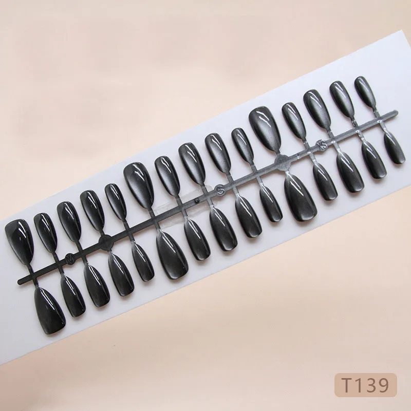 30pcs Medium Almond Press-On Nails - Black Cat Eye French With Cosmic Glitter Edgy Yet Sweet (Multi-Size Fit)