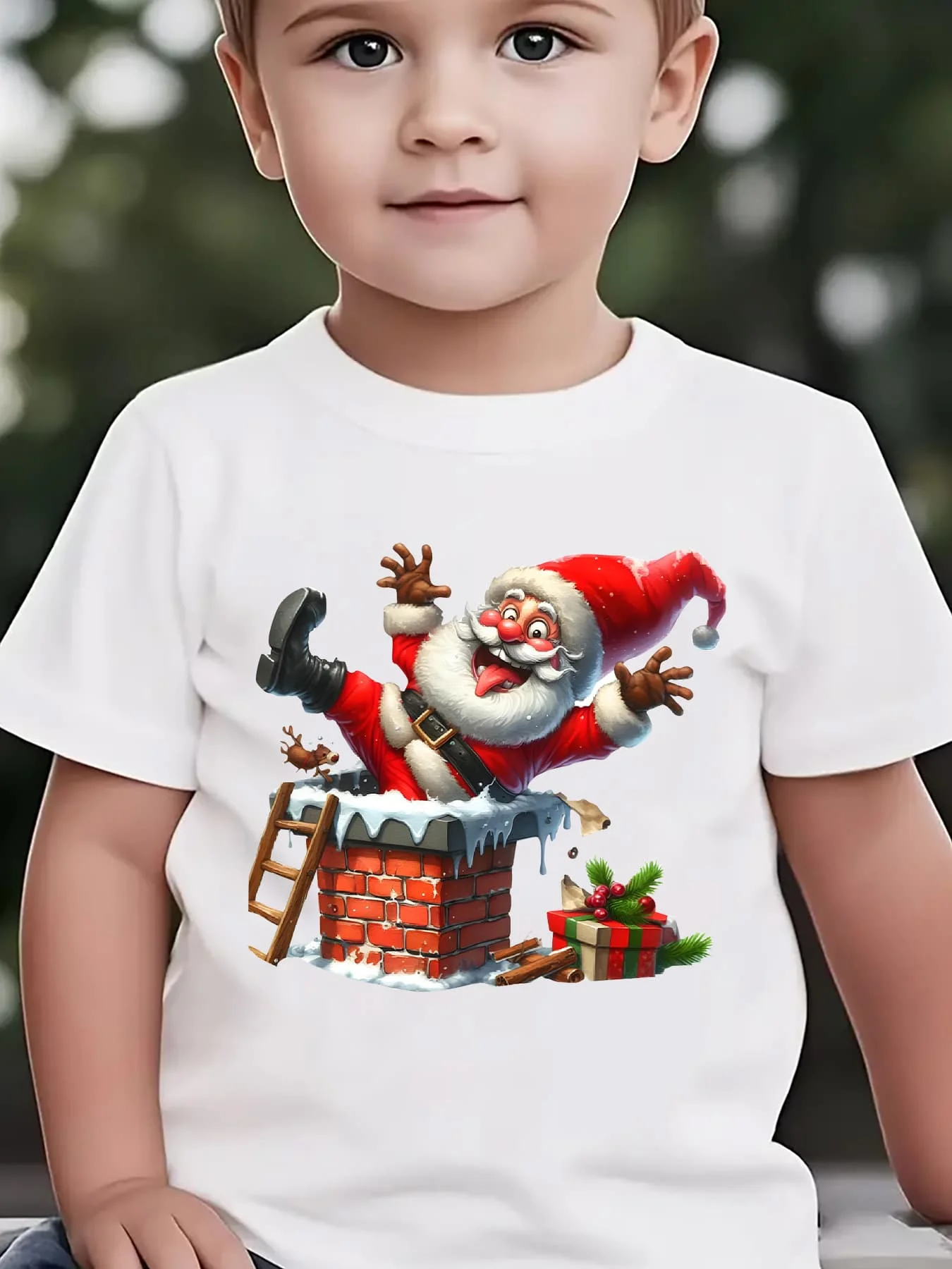 Kids Boys Girls Family Matching T Shirt Funny Santa Chimney Graphic Short Sleeve Tee Christmas Parent Child Daily Party Tops