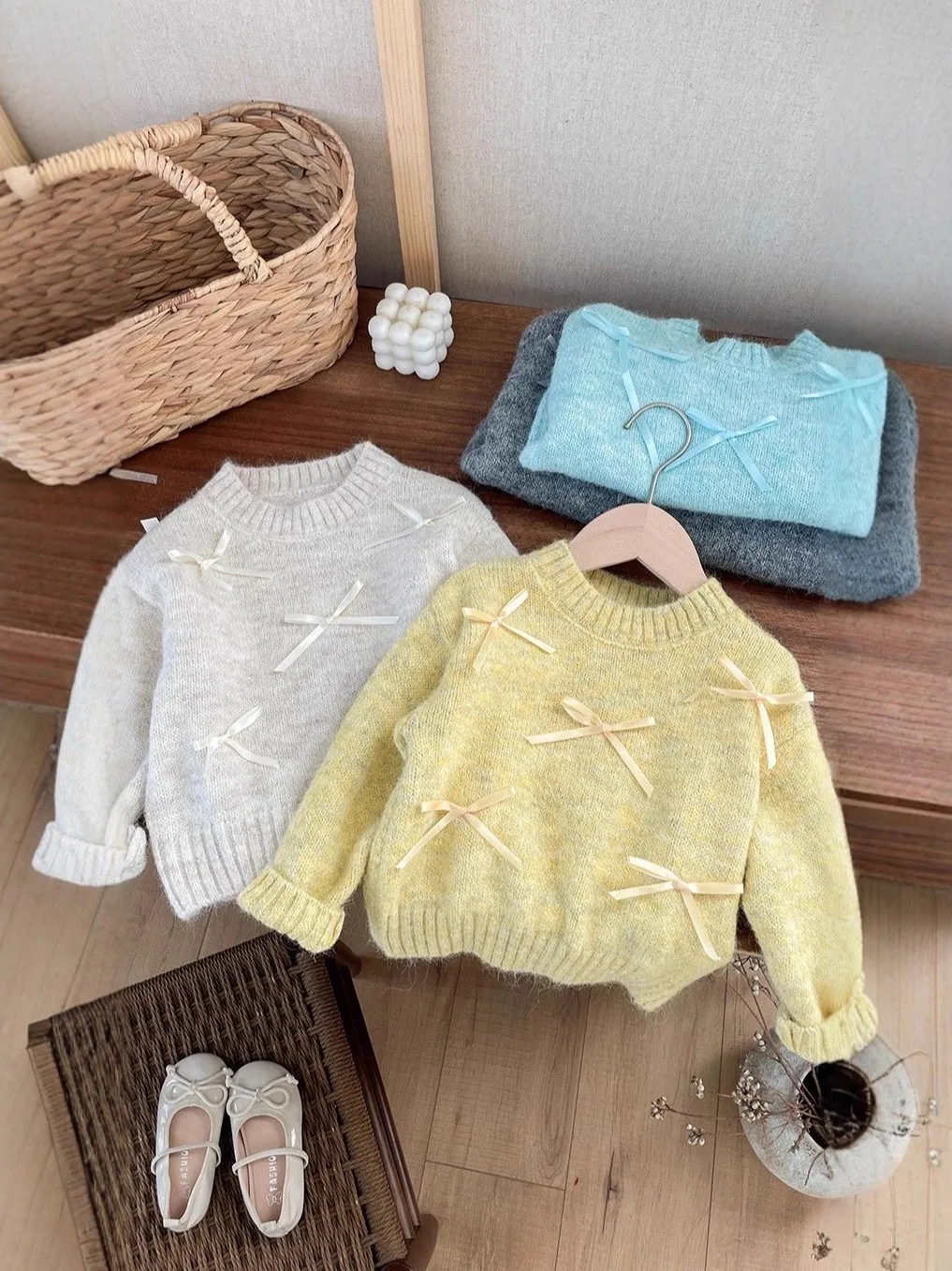 

Girls Knitted Sweater Knot Loose Overhead mid Childhood Korean Sle Autumn New Faion Warm Long Sve round Ne...