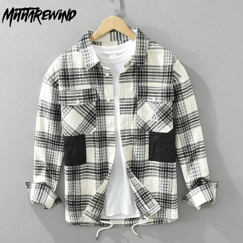 

Spring New Long Sleeve Shirts for Men Street Fashion Male Tops Lapel Plaid Shirt with Pockets Japanese Style Casual Loose Shirt