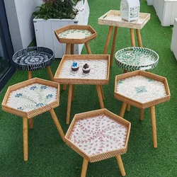 Handmade Rattan Shell Table Colorful Studs Storage Accent Table Rack Vintage Design Organizer for Farmhouse Restaurant Indoor