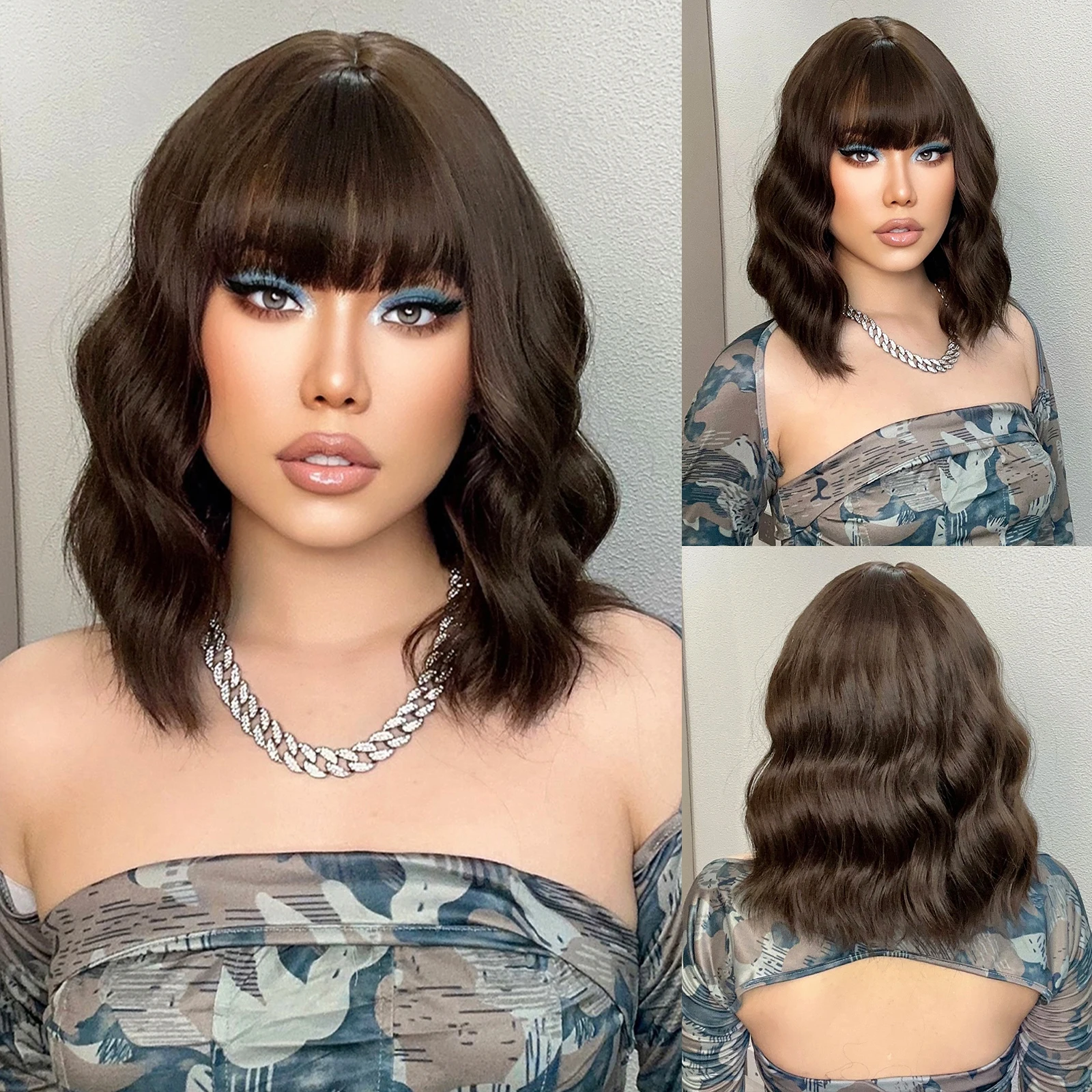 

HENRY MARGU Dark Brown Synthetic Natural Wigs Short Wavy Bobo Hair Wigs for Women With Bangs Heat Resistant Fiber Daily Lolita