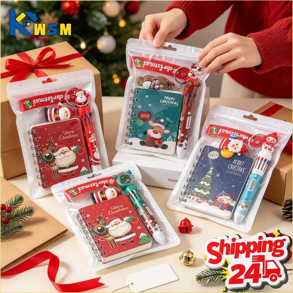 1-10Bags Christmas Stationery Gift Set Notebook Pens Keychain Bundle for Student Exam Rewards Xmas School Supplies