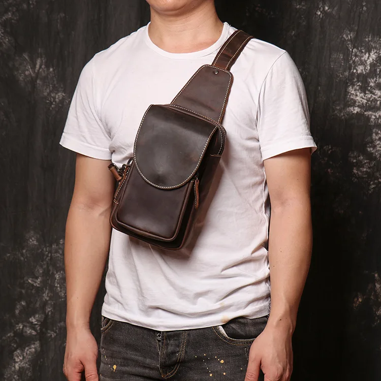 

Мужская повседневная нагрудная сумка из натуральной кожи, кожаный рюкзак через плечо Crazy Horse большой вместимости на одно плечо из воловьей кожи