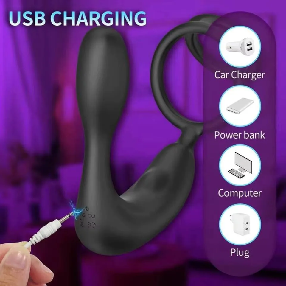 Wireless Remote Control Double Ring Lock Body-safe Silicone 12 Vibration Modes Prostate Massager Stimulator Dilator Butt Anal view 5