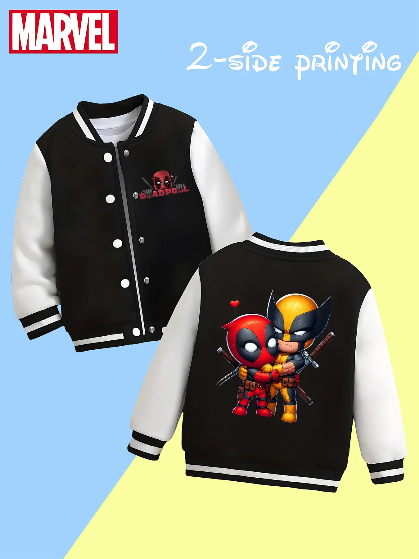 

MINISO Marvel Boys Baseball Jacket - Deadpool Wolverine, classic black and white, soft fabric, warm and comfortable, skin-friend