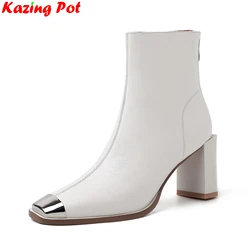 Krazing Pot Cow Leather High Heels Square Toe Modern Chelsea Boots Winter Warm Shoes Elegant Luxury Comfort Women Ankle Boots