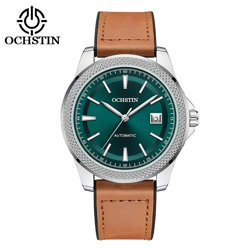 ochstin-男性機械式時計自動日付エメラルドサンビームダイヤル時計シリコーンレザーストラップ男性ビジネスドレス腕時計