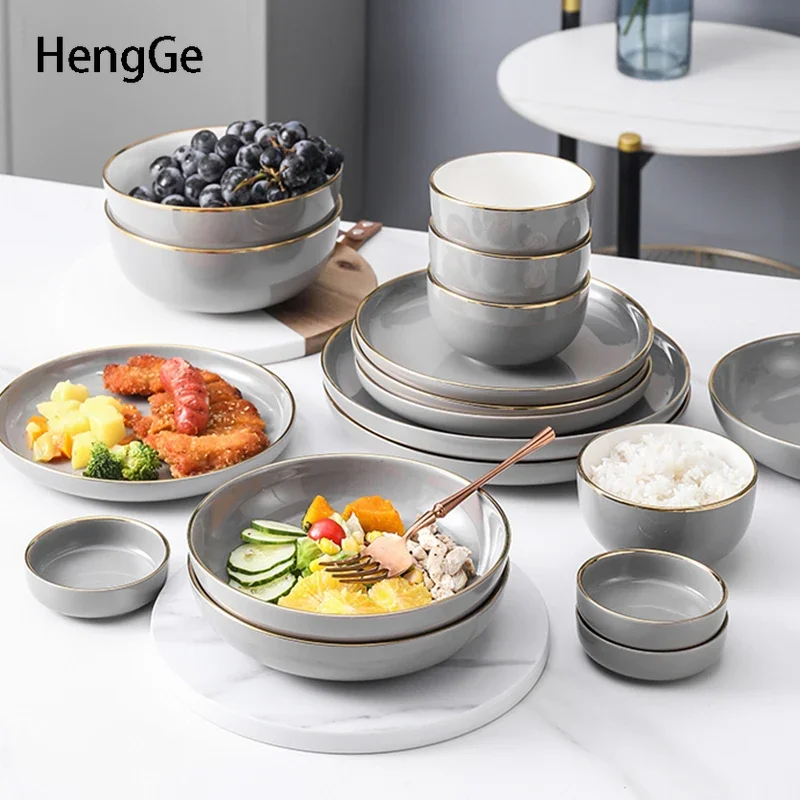 Light Luxury Ceramic Plate Fashion Smoke Gray Golden Rim Dinner Plates Dessert Dish Soup Bowl Dinning Room Western Tableware Set