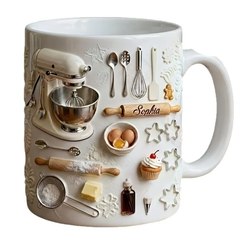Creative 2D Kitchen Utensil Pattern Ceramic Mug Chef Breakfast Coffee Cup Multi-color Selection