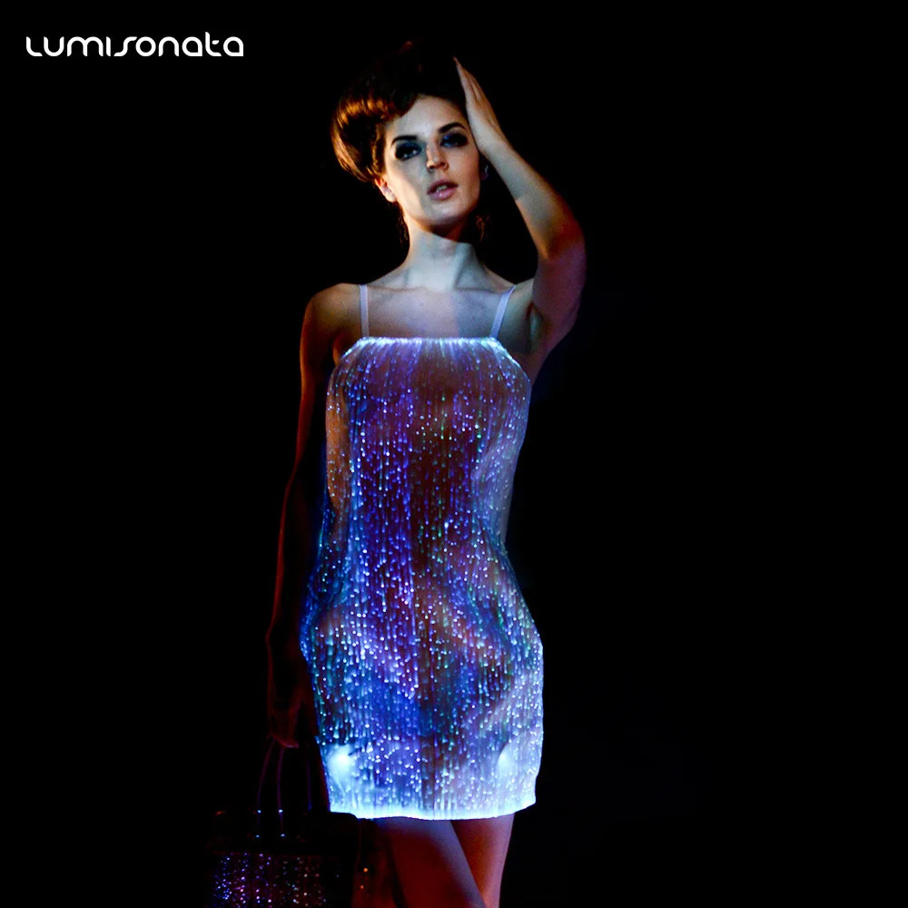 

LED Light up Fiber Optic Dress Women Spaghetti Strap Mini Dress Glow in the Dark Nightclub Party Wedding Prom Stage Wear 2026