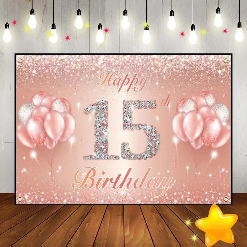 Happy 15th Birthday Balloon Smash Cake Background Banner Boy Communion Party Decoration Game Baptism Backdrop Vintage Baby Room