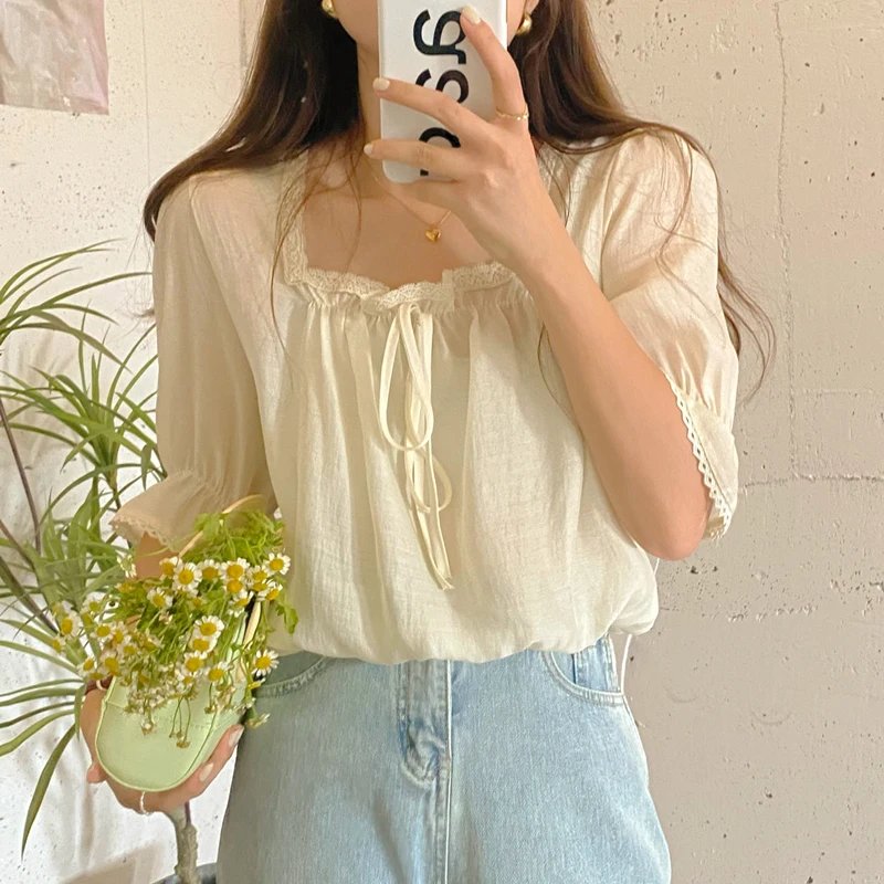 Sweet Fre Summer irt Colletto quadrato con cintura con finiture floreali da donna ort Sve Coreano Sle Loose Fit Casual Busin Wear