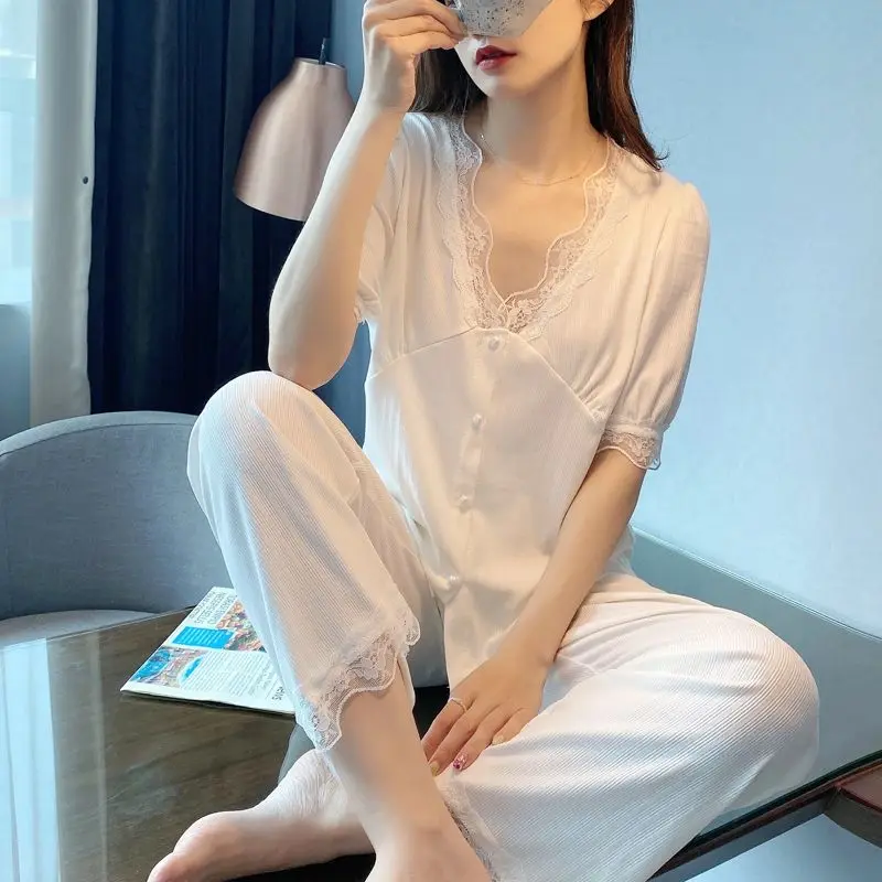 Method Sex Appeal Lace Lace Ice Silk Short Sleeve Trousers Thin Loungewear 150kg Pajamas Female in The Summer Fat MM Temperament