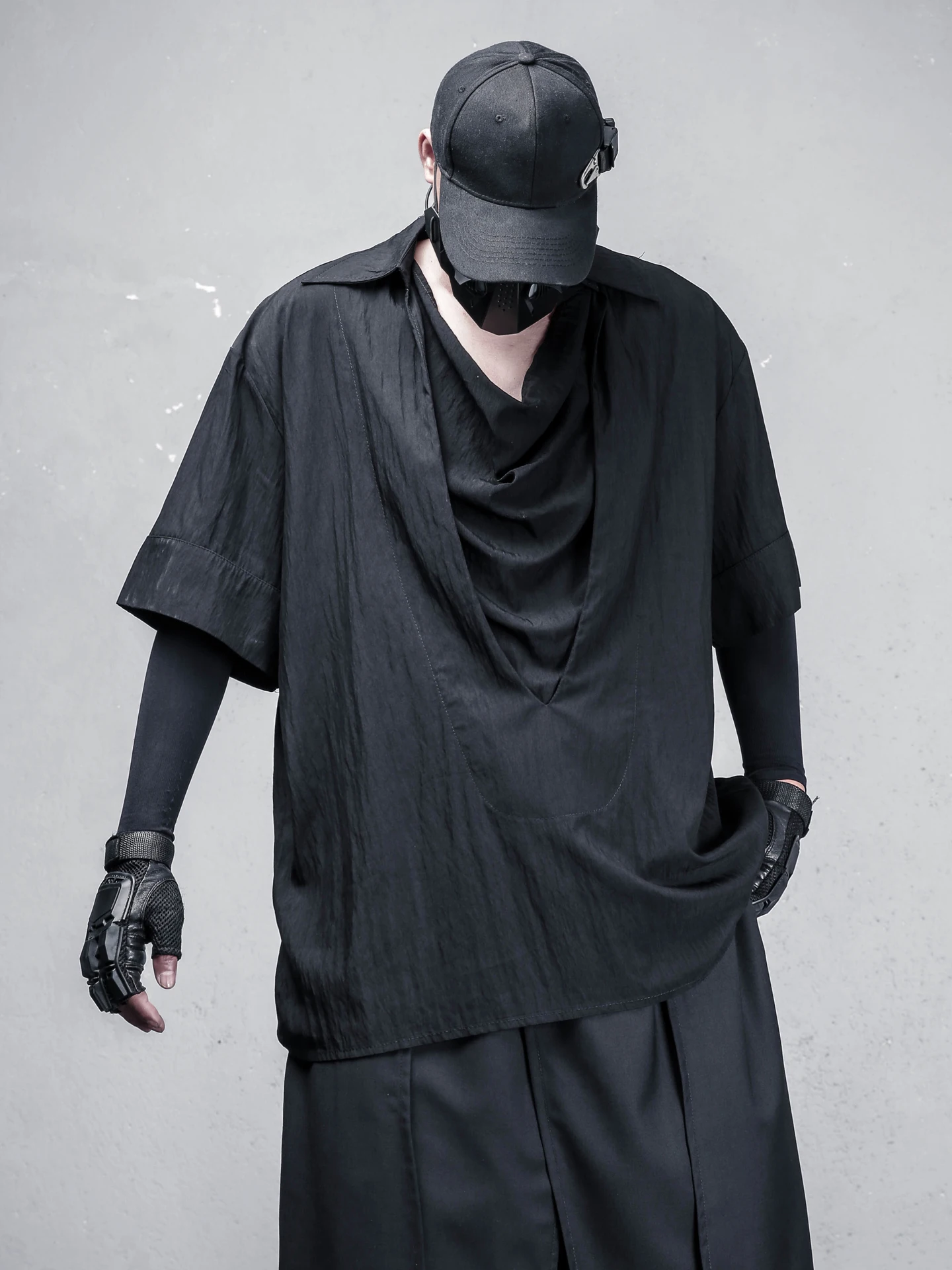 Dark Style Short Sleeve Shirt Men's Summer Thin Ice Sensation Loose Fit Stand Collar Fake Two-Piece Design Fashionable Top