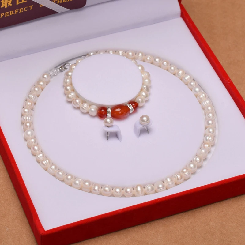 Cultured Freshwater Natural Pearl and Red Agate Set - Mother's Day Mom
