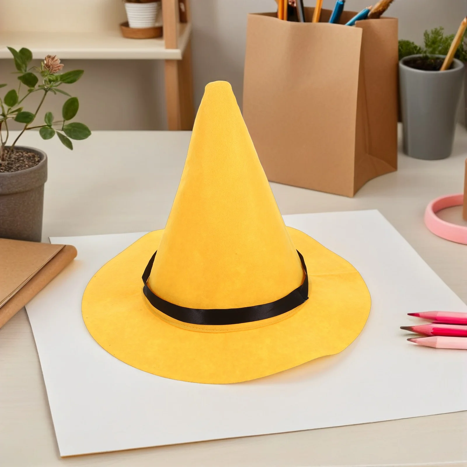 

2Pcs Yellow Wizard Hat Felt Oversized Pointed Witch Brim Hat Halloween Cosplay Party Accessory Witch Costume Accessory