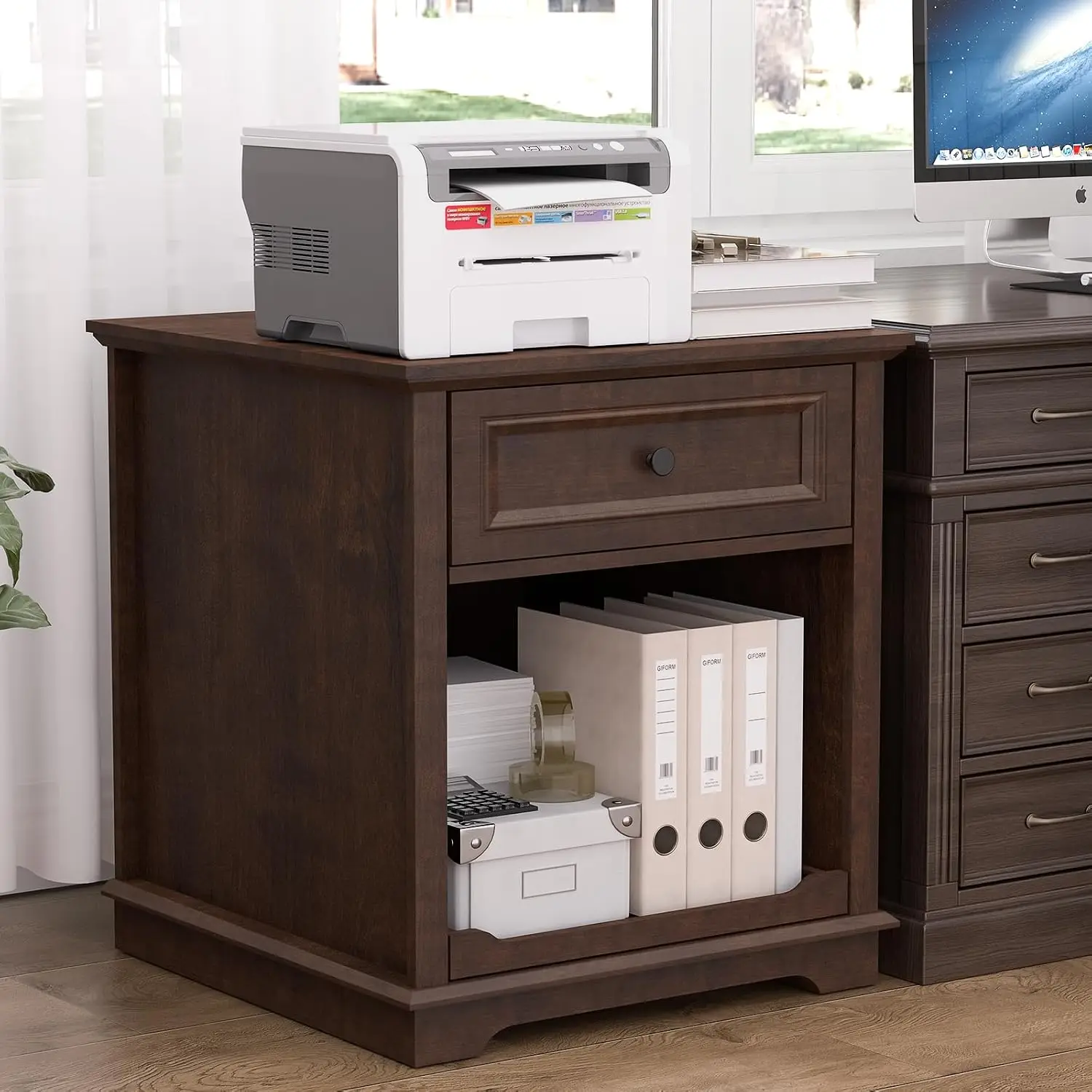 3-Drawer Lateral File Cabinet With Charging Station, Wood Printer Stand & Adjustable Shelves For Home Office, Cherry, Customized