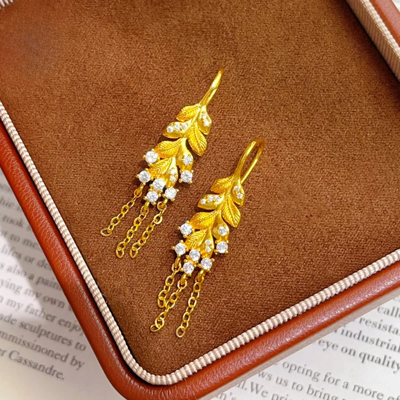 Luxury 100% Real 24K Gold New Chinese Retro Diamond Sparkle Wheat Tassel Earrings, Flowing Safe Ear Hook Gift For Girlfriend