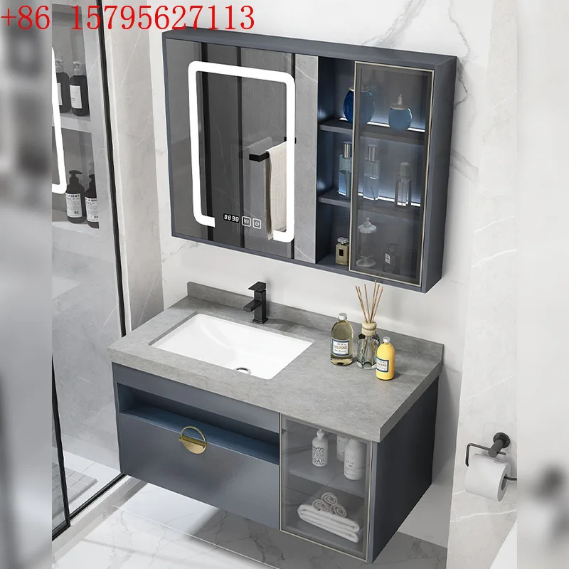 

Современный простой комплект мебели для ванной комнаты с умной тумбой из каменной плиты в стиле лайт-люкс