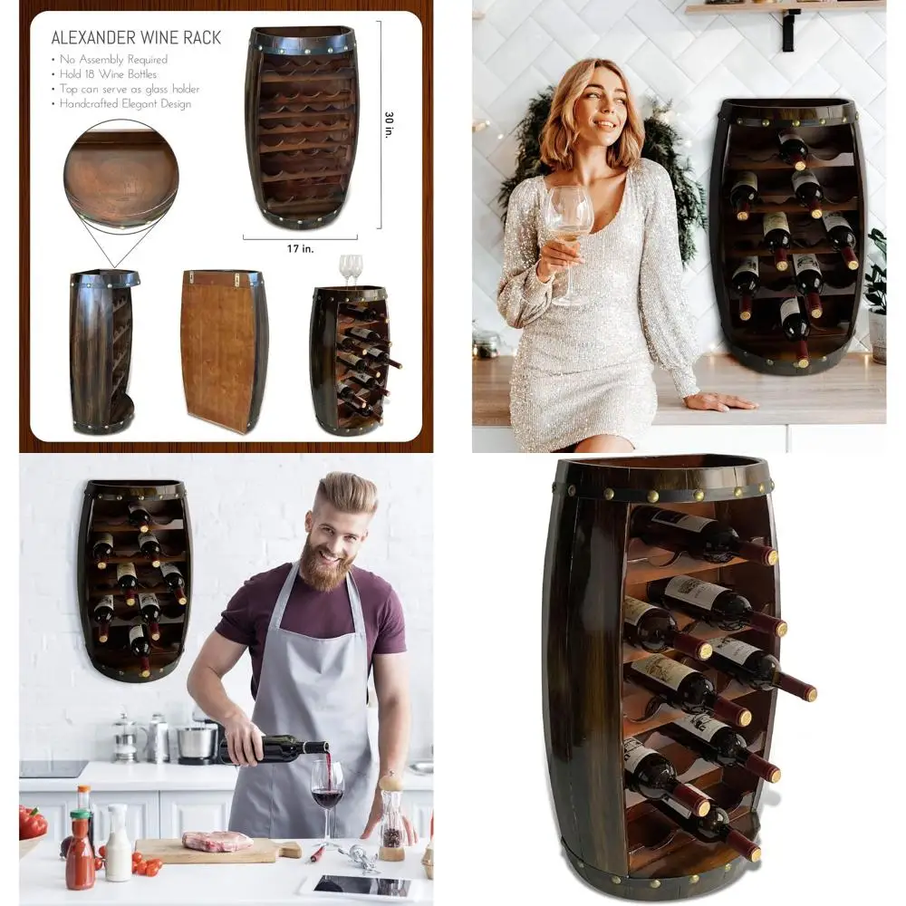 

18-Bottle Wooden Wine Rack - Standing Storage Shelf, Rustic Bottle Holder, Wall-Mounted with Glass Holder