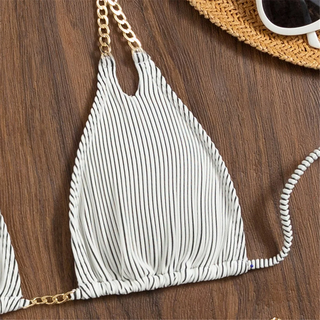 Neuer gestreifter Bikini mit Metallketten-Accessoire, Damen-Badeanzug, zweiteiliges Bikini-Set, Badebekleidung, Badeanzug, Modell V3656. – Detail 11