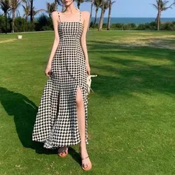 Retro Thousand Bird Checker Women's 2024 Summer New One Line Neck Spliced Zipper Elegant Waist Split Slim Hanging Strap Dress