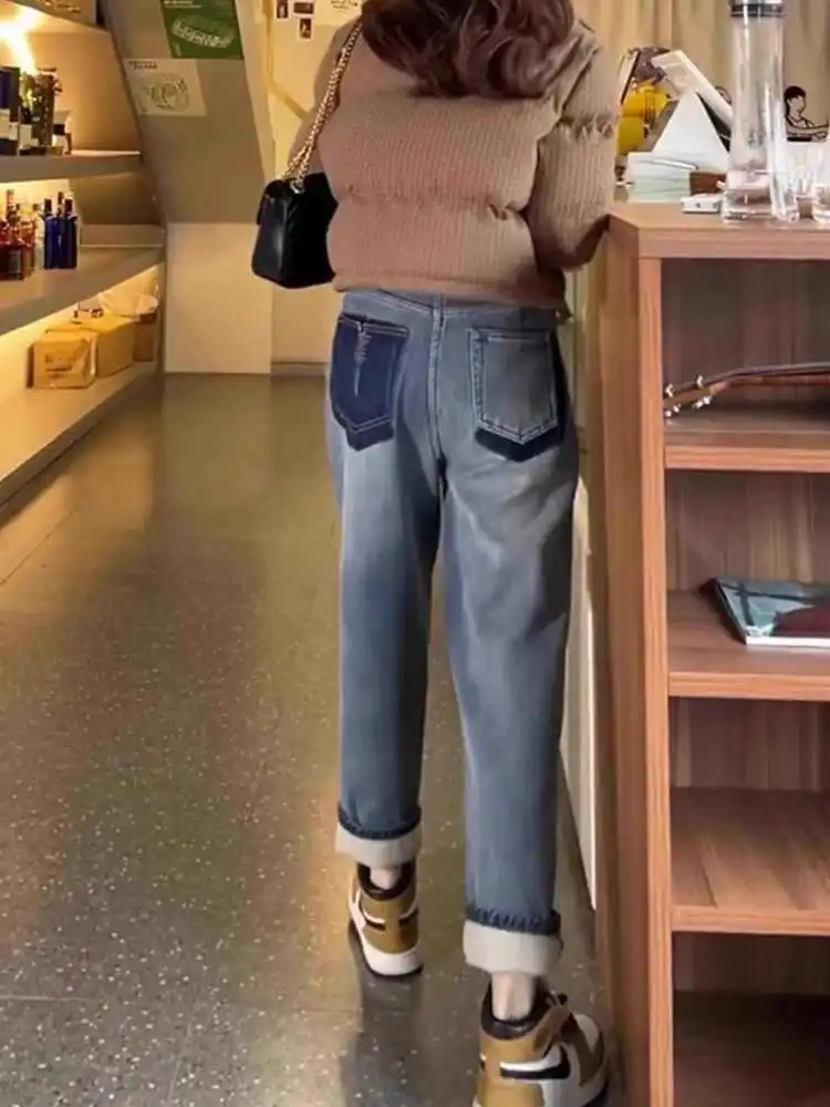 韓国風裏起毛ジーンズ レディース 2025秋冬 プラスサイズ ハルンパンツ ハイウエスト お腹シェイプ スリムフィット