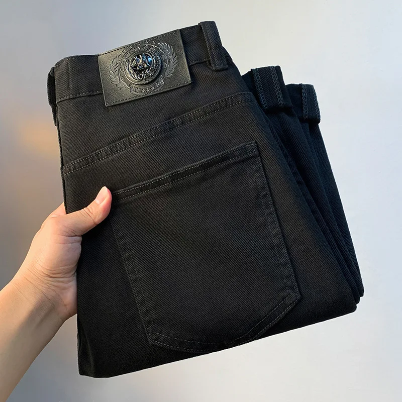 Pantalones vaqueros negros puros para hombre, pantalones elásticos delgados, ajustados, pies estrechos, lápiz, pantalones largos de moda de negocios casuales, Verano