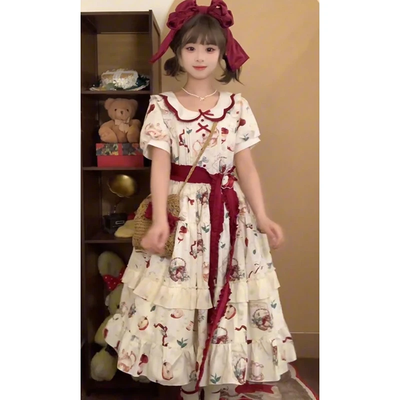 Japão doce lolita peter pan colarinho vestido de verão arco dos desenhos animados vestido bonito kawaii em camadas cascata shorts manga festa vestidos