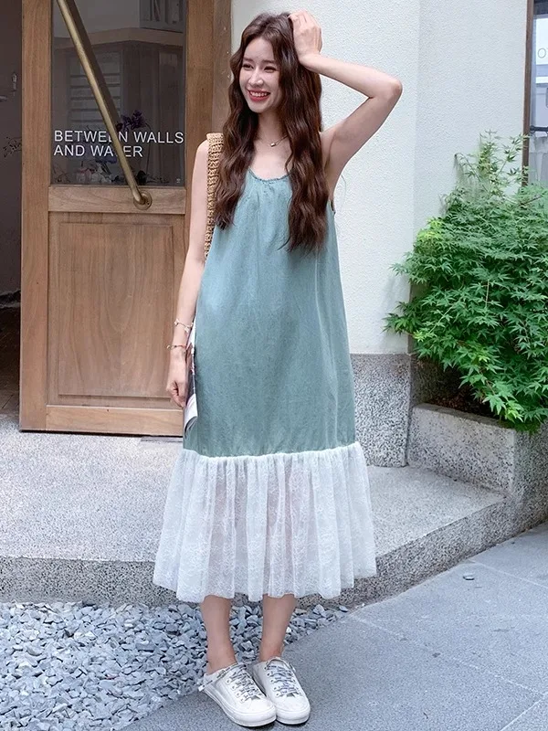 Ele Agel Lace Splice Denim Vest Dr Dames Zomer Casual Svel Midi Rok Faion Losse Taille Medium Thi