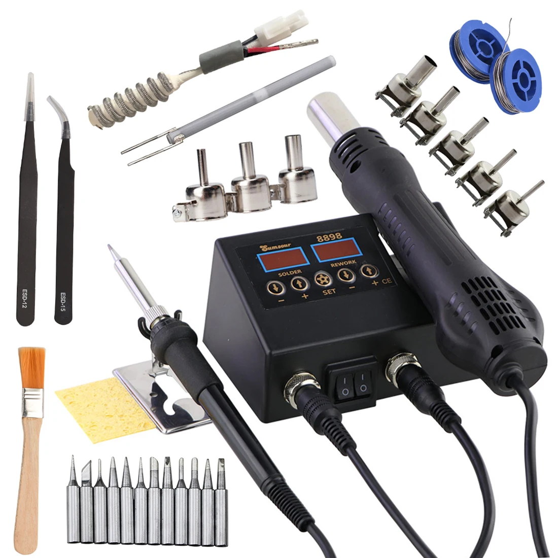 2 in 1 Soldering Station Digital Display Hot Air Gun Solder Iron 8898 Adjustable Temperature Welding Rework Repair Tools Kit