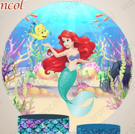 Disney Little Mermaid Circle Backdrop Girls Birthday Princess Ariel Backdrop Undersea Mermaid Round Cylinder Cover Party Decor