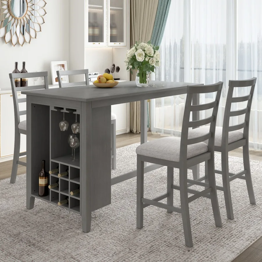 TREXM 5-Piece Multi-Functional Rubber Wood Counter Height Dining Set with Padded Chairs and Integrated 9 Bar Wine Compar