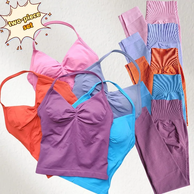 

2025 2 шт., брюки для йоги, комплект на бретелях, летняя спортивная одежда для спортзала, женский бюстгальтер для йоги с воротником, спортивные штаны с высокой талией, спортивный комплект одного же цвета