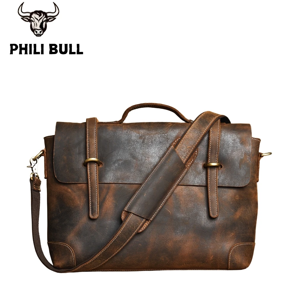 

Genuine Leather Men's Briefcase Retro Handbag Large Capacity Commuter bag casual Messenger Bag Laptop Bag Phili Bull