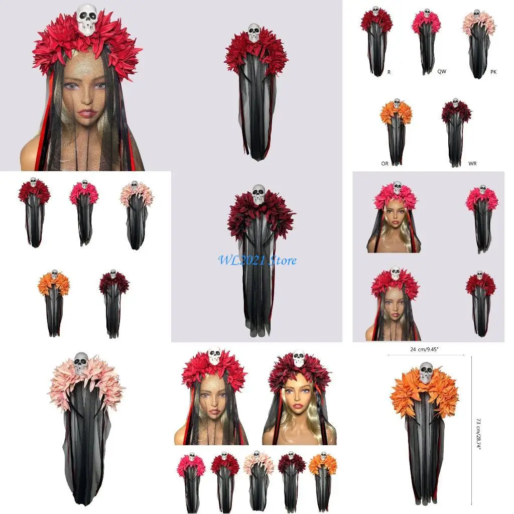 G5GC الرعب عقال الدانتيل الجمجمة غطاء الرأس لوازم الديكور المنزلي للأطفال البالغين فتاة الزفاف هدية عيد ميلاد