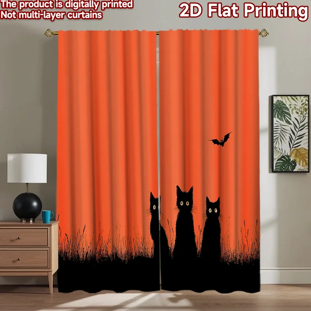 

2D flat printing 2pcs Curtains Black Cats Halloween Scene Digital Printed Polyester Drapes Festive Holiday Perfect for Indoor