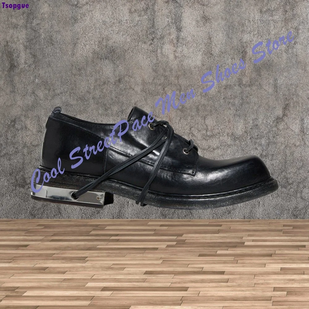 Men Vintage Wrinkle Leather Derby Shoes Irregular Cross Lace Up Dress Shoes Metal Block Heel Gothic Streetwear Casual Shoes