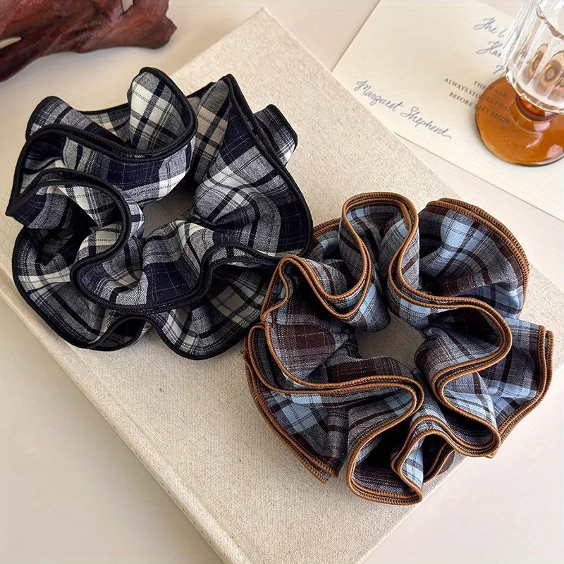 Corbata para el cabello plisada a cuadros con borde bloqueado de cuatro capas, accesorio para el cabello bloqueado de Color minimalista estilo colegiala Retro