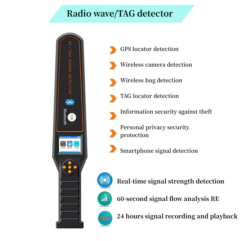 Portable Bluetooth Air Tag Detector GPS Tracker Radio Wave Detector 50MHz-6GHz, Spy Camera/Bug Finder, 24H Recording Playback