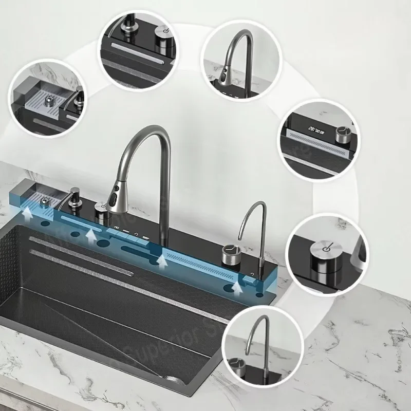 Smart Waterfall Multifunctional Kitchen Sink Rectangle304Base Stainless Steel Faucet Digital Display Wash Basin Dishwashing pond