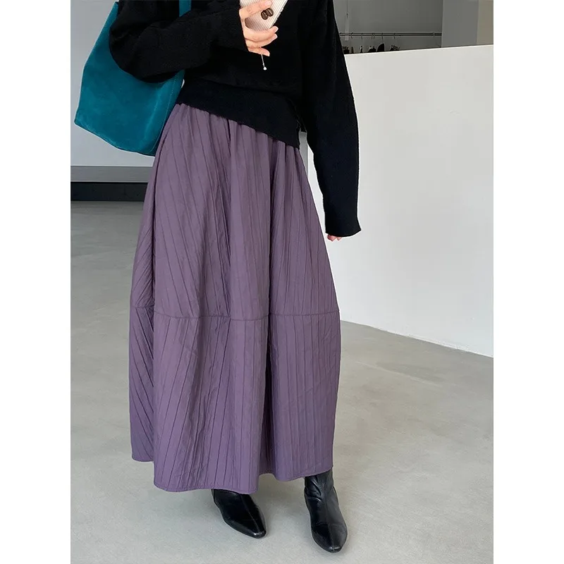 

Женская свободная универсальная полосатая однотонная юбка с цветочным бутоном, шелковая теплая юбка, платье-фонарь, зимняя корейская тонкая свободная юбка Sle